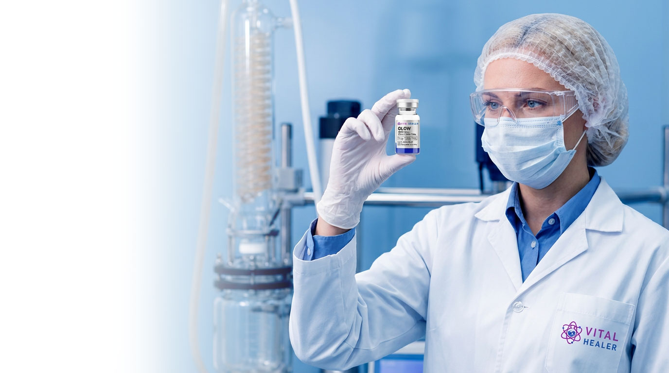Lab technician holding a Vital Healer research peptide vial