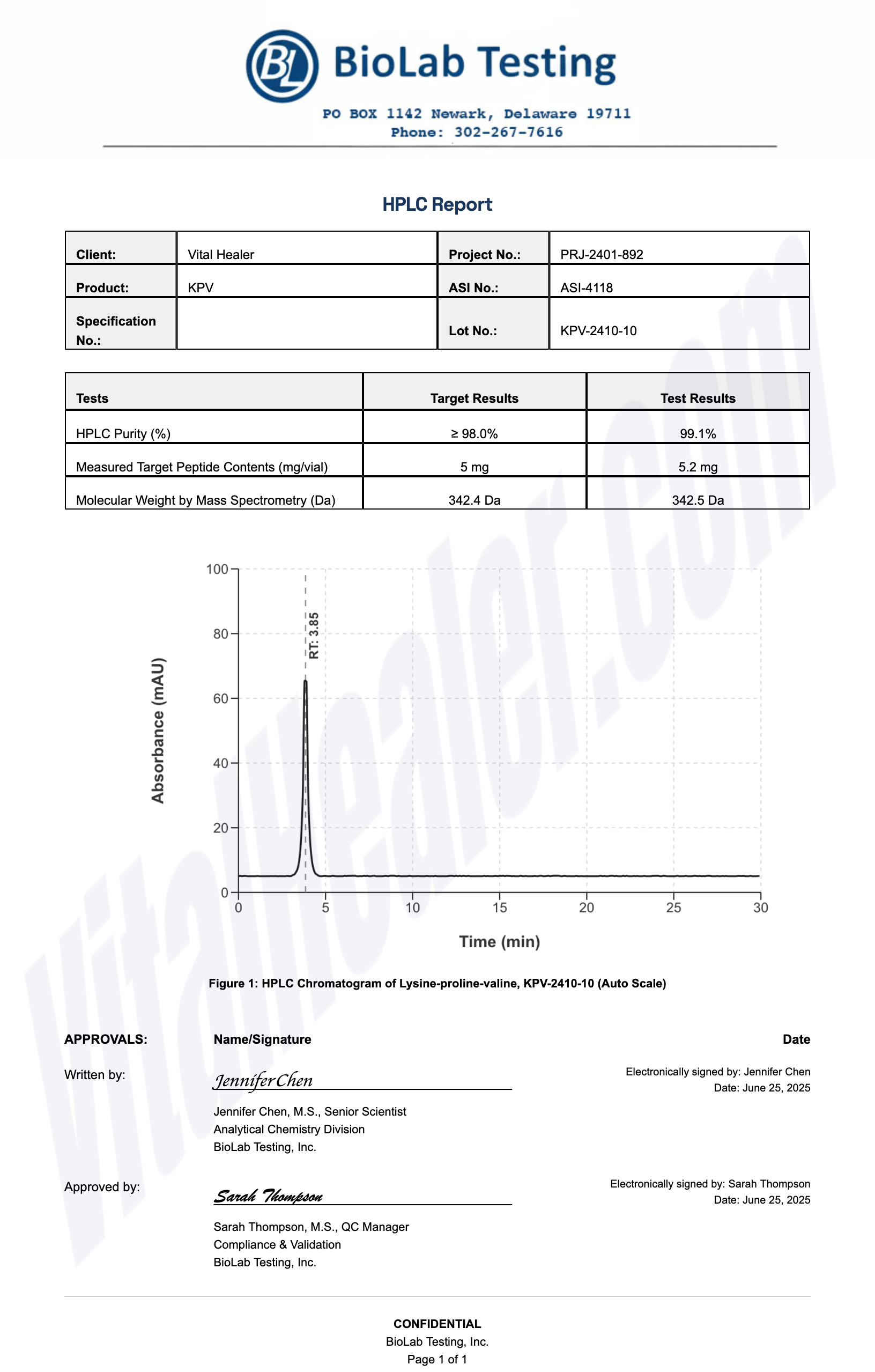 HPLC Test Results for KPV (α-MSH 11-13 Tripeptide)