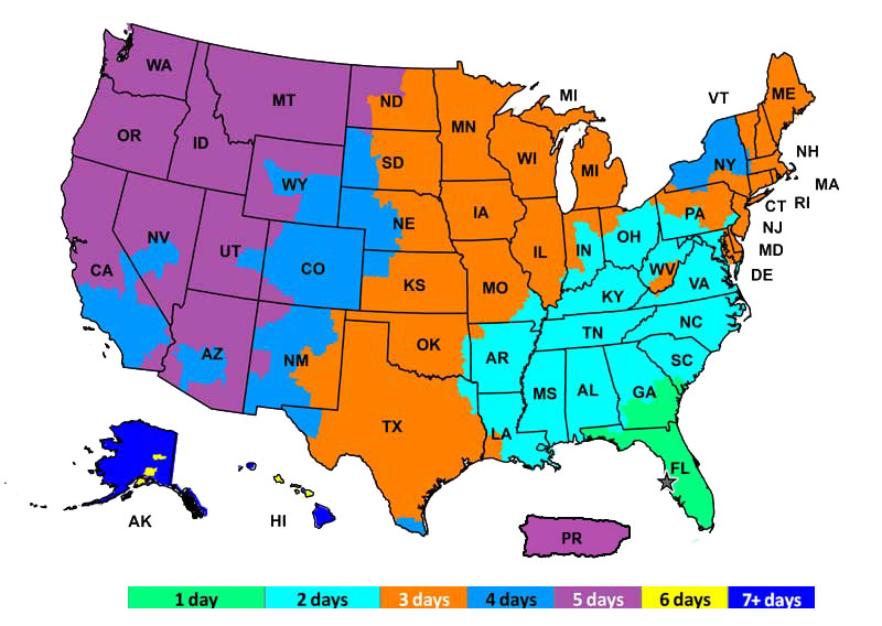 Estimated Shipping Times Map - Click accessibility icon for detailed description